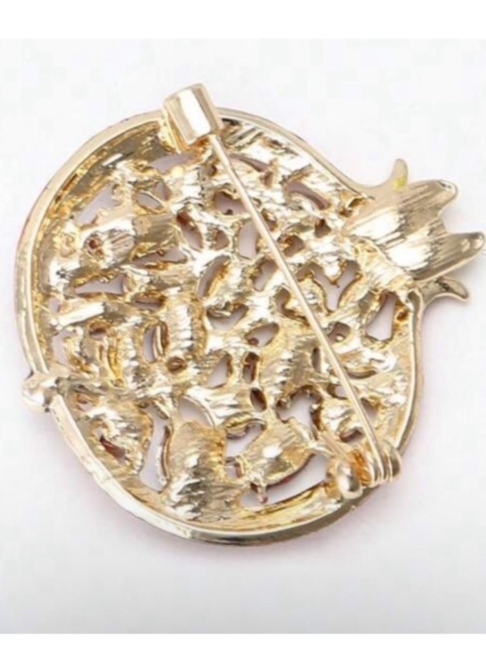 Whimsical Pomegranate Brooch Red Gold Rhinestone Pin - Picture 3 of 6